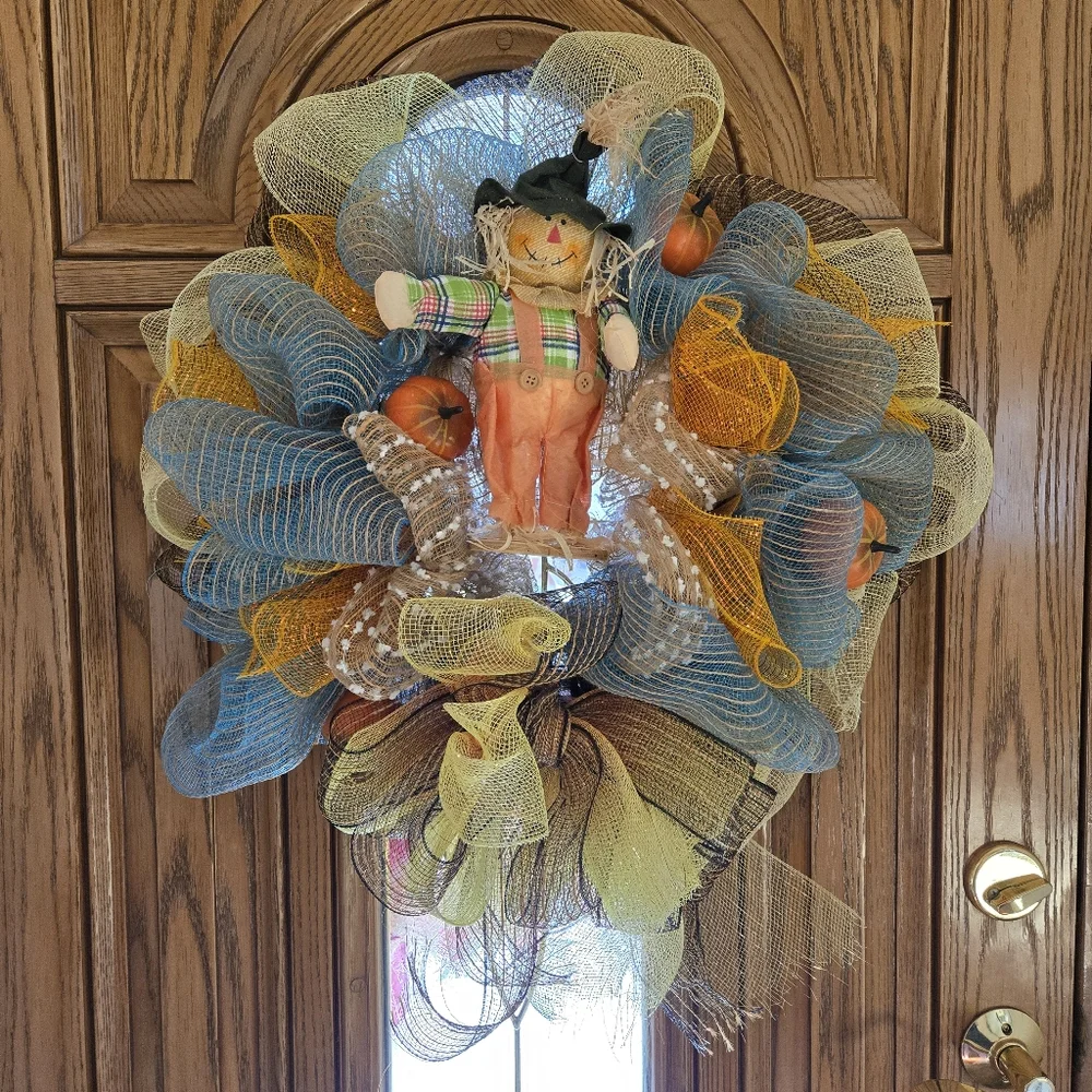 Handcrafted Burlap & Mesh Fall Wreath with Scarecrow, 22